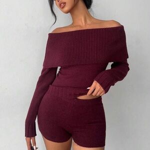 Off-Shoulder Burgundy Sweater Set